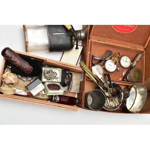 141 - A BOX OF ASSORTED ITEMS, to include a double ended red glass scent bottle, a wooden smoking pipe, a ... 