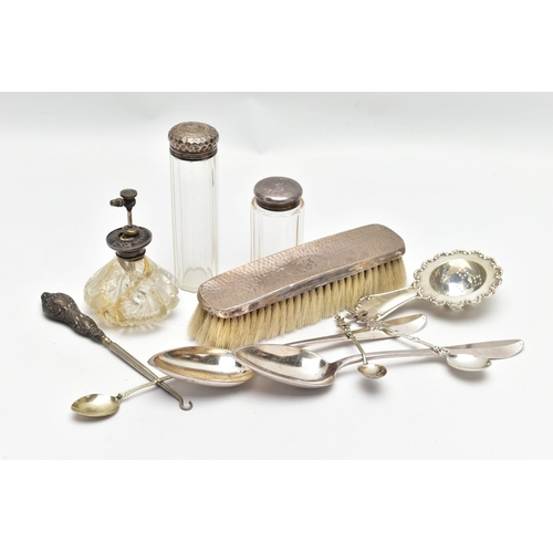 143 - A BOX OF ASSORTED SILVER AND WHITE METAL ITEMS, to include a silver lined clothes brush with hammer ... 