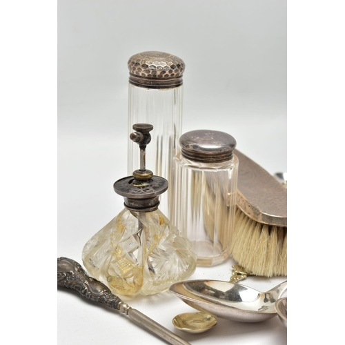 143 - A BOX OF ASSORTED SILVER AND WHITE METAL ITEMS, to include a silver lined clothes brush with hammer ... 