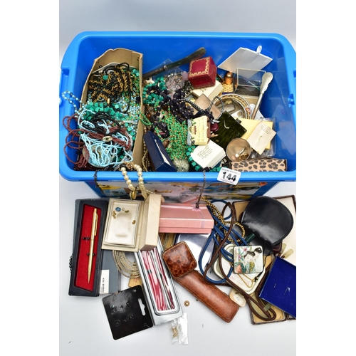 144 - AN ASSORTMENT OF COSTUME JEWELLERY AND PENS, to include a quantity of beaded necklaces, a selection ... 