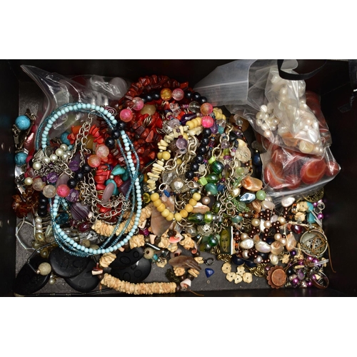 145 - A LARGE ASSORTMENT OF COSTUME JEWELLERY, MAINLY SEMI-PRECIOUS BEADS AND JEWELLERY MAKING SUPPLIES, t... 