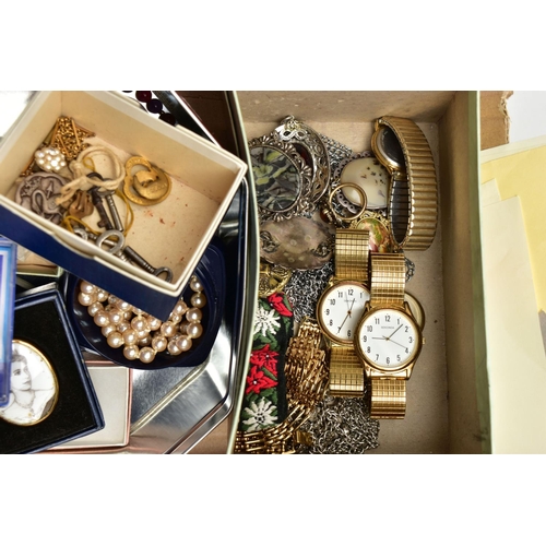 148 - A BOX OF ASSORTED ITEMS, to include a selection of commemorative coins, an early 20th century yellow... 