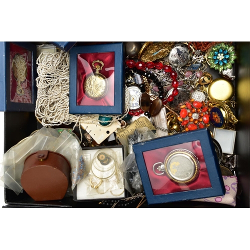 151 - A BOX OF ASSORTED COSTUME JEWELLERY AND ITEMS, to include costume beaded necklaces, earrings, bracel... 