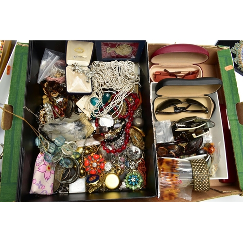 151 - A BOX OF ASSORTED COSTUME JEWELLERY AND ITEMS, to include costume beaded necklaces, earrings, bracel... 