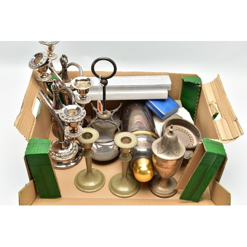 153 - A BOX OF ASSORTED WHITE METAL ITEMS, to include two matching candelabras, a cocktail shaker, two mat... 