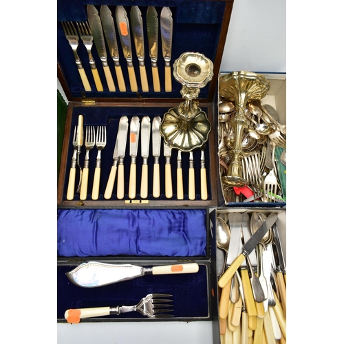 155 - A BOX OF ASSORTED WHITE METAL AND CUTLERY, to include a pair of tall silver plated candle sticks, a ... 