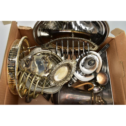 155 - A BOX OF ASSORTED WHITE METAL AND CUTLERY, to include a pair of tall silver plated candle sticks, a ... 