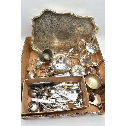 158 - A BOX OF WHITE METAL WARE, to include a four piece EPNS tea service set comprising of a teapot, coff... 