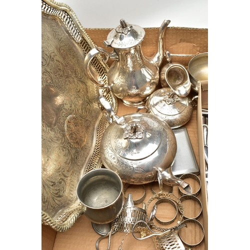 158 - A BOX OF WHITE METAL WARE, to include a four piece EPNS tea service set comprising of a teapot, coff... 