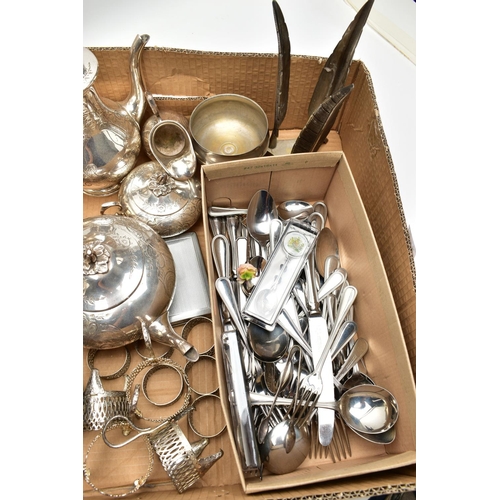 158 - A BOX OF WHITE METAL WARE, to include a four piece EPNS tea service set comprising of a teapot, coff... 