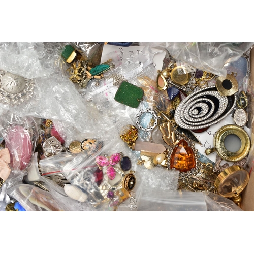 163 - TWO BOXES OF COSTUME JEWELLERY, to include brooches, yellow and white metal chains, earrings, imitat... 