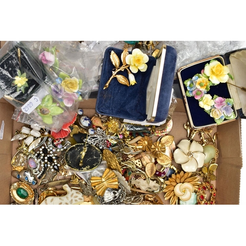 163 - TWO BOXES OF COSTUME JEWELLERY, to include brooches, yellow and white metal chains, earrings, imitat... 