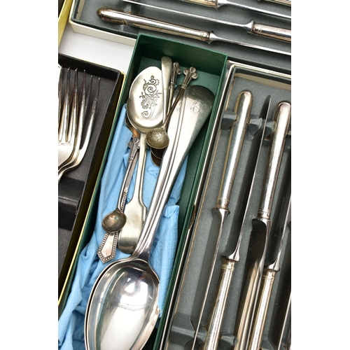 166 - AN ASSORTMENT OF WHITE METAL CASED CUTLERY SETS PREDOMINANTLY SILVER PLATE, two full sets of 'Walker... 