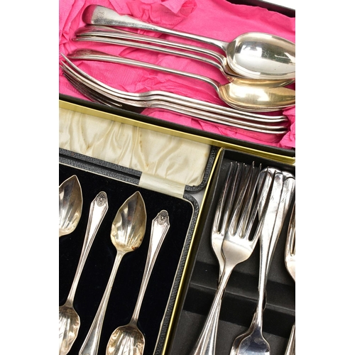 166 - AN ASSORTMENT OF WHITE METAL CASED CUTLERY SETS PREDOMINANTLY SILVER PLATE, two full sets of 'Walker... 