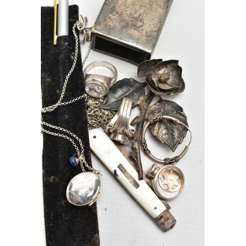 168 - A SELECTION OF SILVER JEWELLERY AND PENS, to include a rose gold star of David pendant hallmarked 9c... 