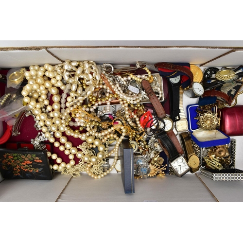 169 - A BOX OF ASSORTED COSTUME JEWELLERY AND ITEMS, to include various fashion wristwatches, beaded neckl... 