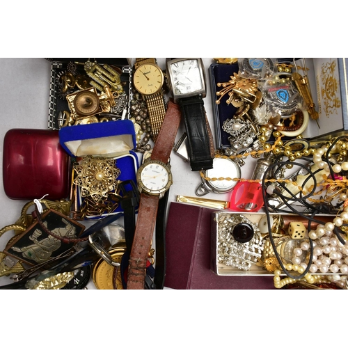 169 - A BOX OF ASSORTED COSTUME JEWELLERY AND ITEMS, to include various fashion wristwatches, beaded neckl... 