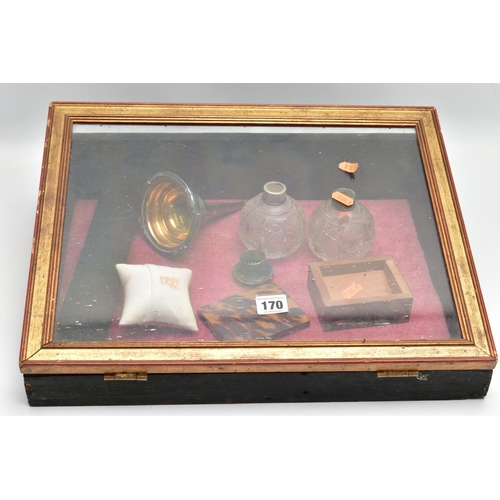 170 - A WOODEN DISPLAY CASE AND OTHER ITEMS, to include a rectangular hinged display case, with glass lid,... 