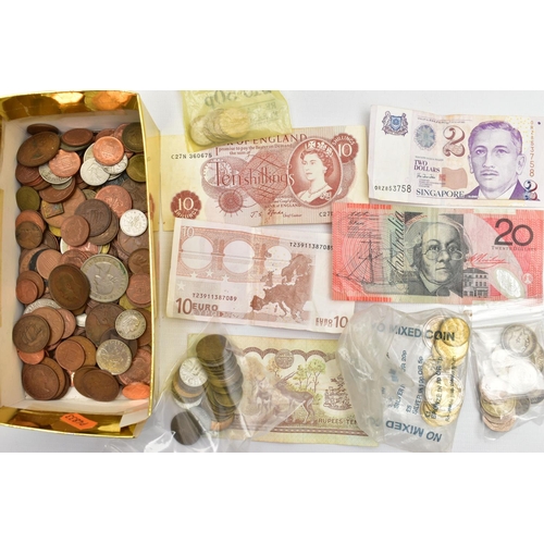 175 - A SMALL BOX OF WORLD COINS AND AN NUMBER OF BANKNOTES, Austrian 1950s 60s Schilling coins, a few eur... 