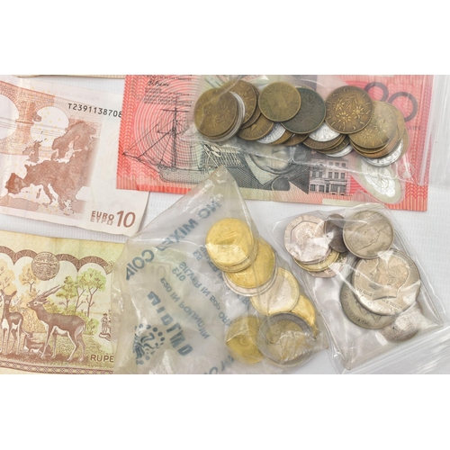 175 - A SMALL BOX OF WORLD COINS AND AN NUMBER OF BANKNOTES, Austrian 1950s 60s Schilling coins, a few eur... 