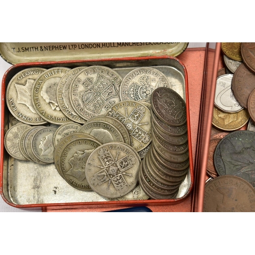 177 - A TIN CONTAINING MIXED COINS, to include over 300 grams of pre 1947 silver etc