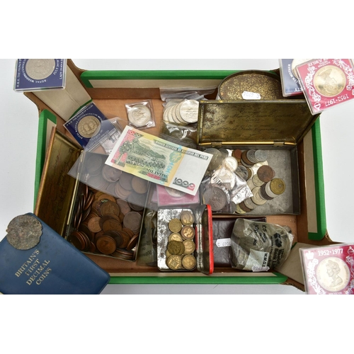 179 - A CARDBOARD BOX CONTAINING COINS AND COMMEMORATIVES, to include Diana commemorative medals Queen Eli... 