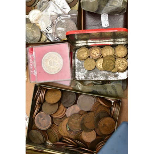 179 - A CARDBOARD BOX CONTAINING COINS AND COMMEMORATIVES, to include Diana commemorative medals Queen Eli... 