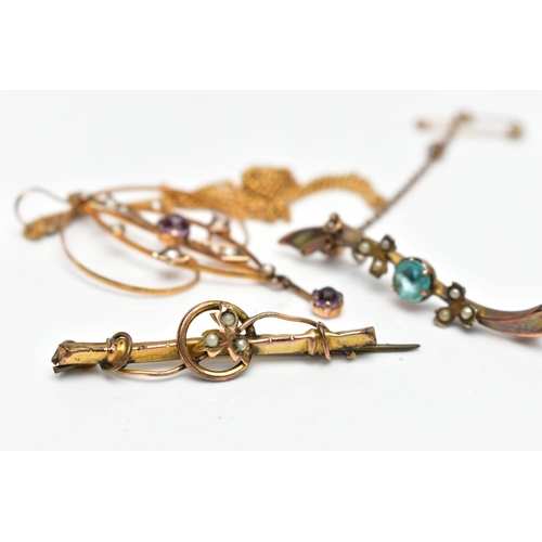 18 - A COLLECTION OF EDWARDIAN JEWELLERY, to include a 9ct yellow gold purple paste and seed pearl pendan... 