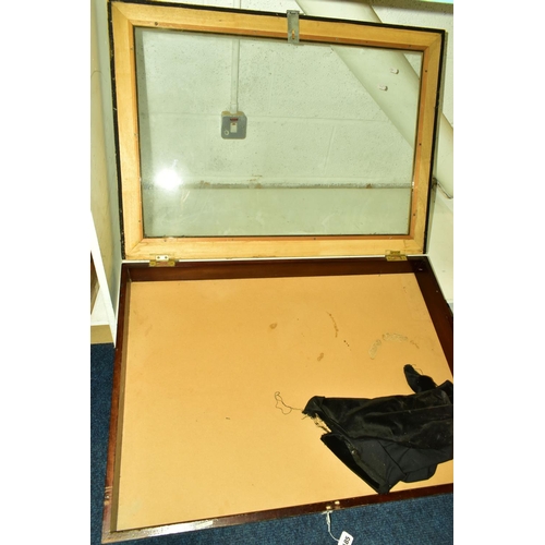 185 - A LARGE FRAMED DISPLAY CASE, rectangular framed, glass lidded display case, hinge fittings, fitted w... 