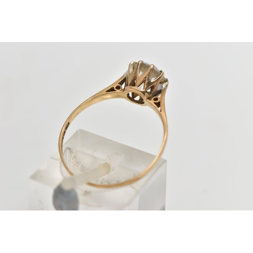 192 - A 9CT GOLD SINGLE STONE RING, circular cut colourless cubic zirconia in a ten claw setting, pinched ... 