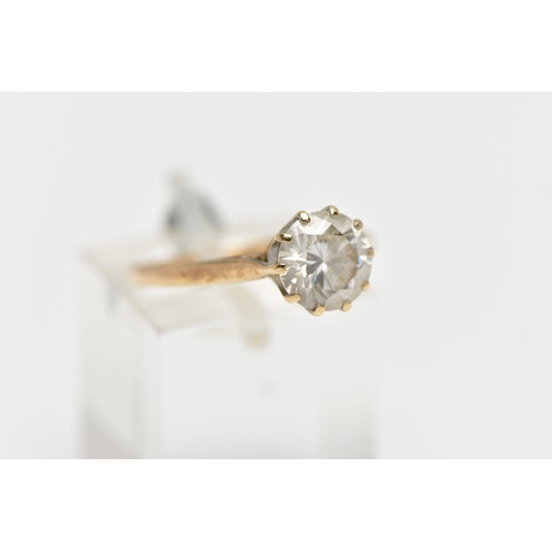 192 - A 9CT GOLD SINGLE STONE RING, circular cut colourless cubic zirconia in a ten claw setting, pinched ... 