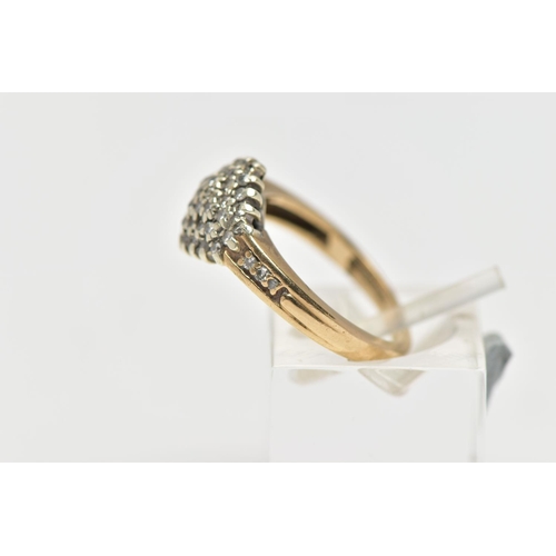 193 - A 9CT GOLD DIAMOND CLUSTER RING, of a marquise form set with single cut diamonds, single cut diamond... 