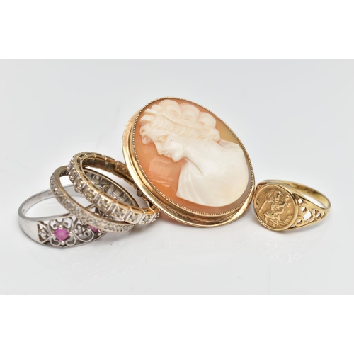 20 - AN ASSORTMENT OF 9CT GOLD AND YELLOW METAL JEWELLERY, to include a 9ct yellow gold cameo brooch, of ... 