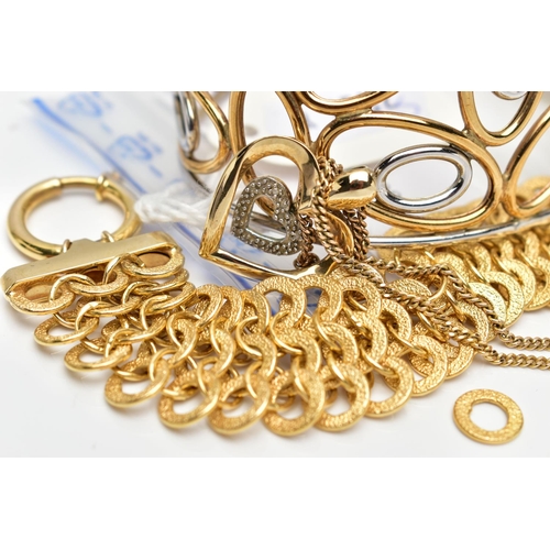 21 - AN ASSORTMENT OF 9CT GOLD JEWELLERY, to include a yellow gold fancy link bracelet AF, fitted with a ... 