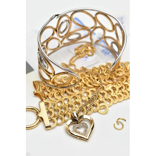 21 - AN ASSORTMENT OF 9CT GOLD JEWELLERY, to include a yellow gold fancy link bracelet AF, fitted with a ... 