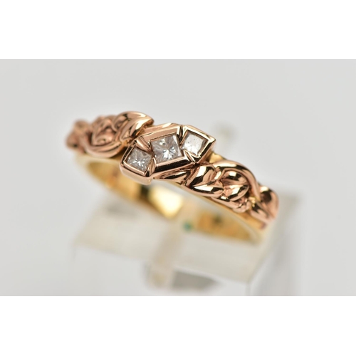 23 - A 18CT GOLD 'CLOGAU' THREE STONE DIAMOND RING, a limited edition Welsh gold tree of life ring, rose ... 