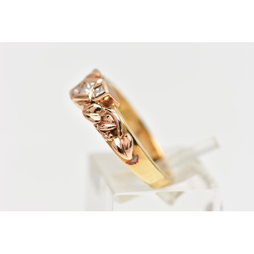 23 - A 18CT GOLD 'CLOGAU' THREE STONE DIAMOND RING, a limited edition Welsh gold tree of life ring, rose ... 