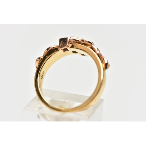 23 - A 18CT GOLD 'CLOGAU' THREE STONE DIAMOND RING, a limited edition Welsh gold tree of life ring, rose ... 