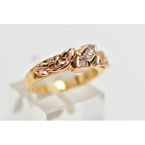 23 - A 18CT GOLD 'CLOGAU' THREE STONE DIAMOND RING, a limited edition Welsh gold tree of life ring, rose ... 