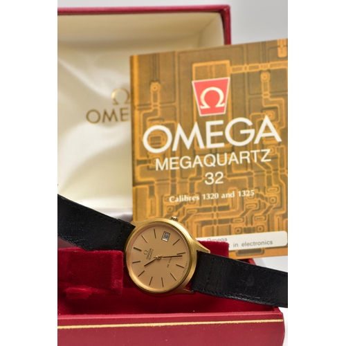 24 - AN OMEGA DE VILLE QUARTZ WRISTWATCH WITH OMEGA BOX AND PAPERS, the watch with circular yellow metal ... 