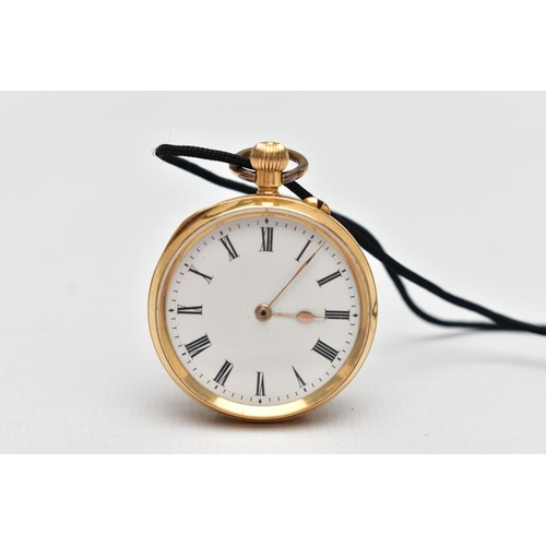 27 - A CASED YELLOW METAL OPEN FACE POCKET WATCH, keyless winding pocket watch, white dial, Roman numeral... 