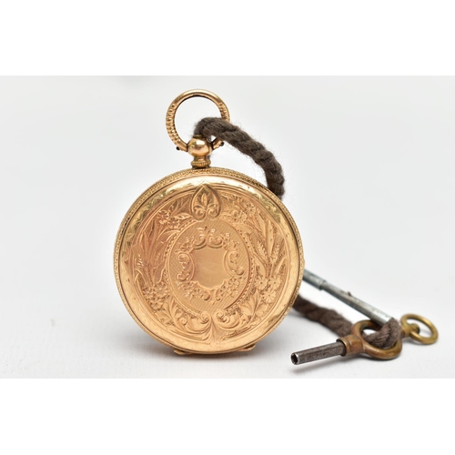 28 - A YELLOW METAL OPEN FACE POCKET WATCH, key wound pocket watch, round gold floral detailed dial, Roma... 