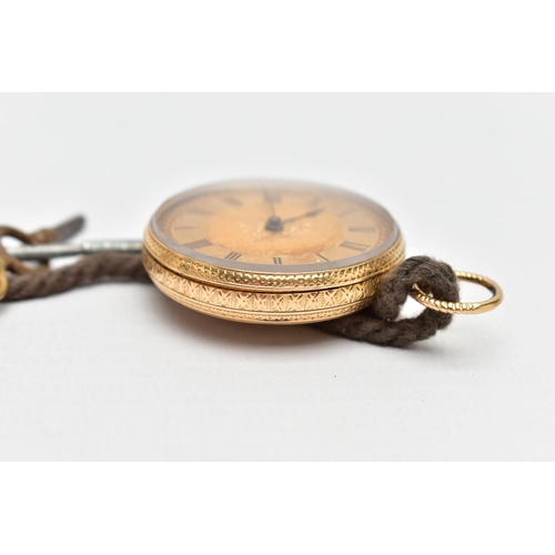 28 - A YELLOW METAL OPEN FACE POCKET WATCH, key wound pocket watch, round gold floral detailed dial, Roma... 