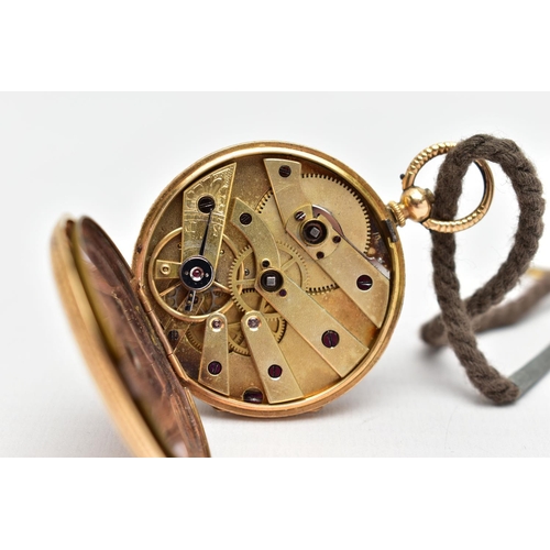 28 - A YELLOW METAL OPEN FACE POCKET WATCH, key wound pocket watch, round gold floral detailed dial, Roma... 