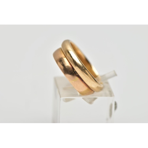 33 - A DOUBLE BAND RING, two polished yellow gold bands soldered together, one stamped 18k, the other unm... 