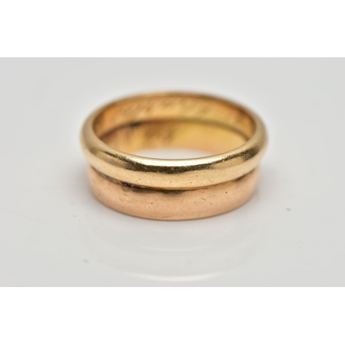 33 - A DOUBLE BAND RING, two polished yellow gold bands soldered together, one stamped 18k, the other unm... 