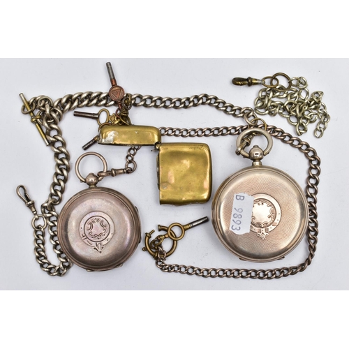 36 - TWO EDWARDIAN SILVER POCKET WATCHES WITH THREE CHAINS AND A YELLOW METAL VESTA CASE, the first a lar... 