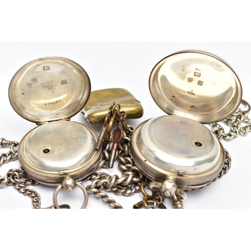 36 - TWO EDWARDIAN SILVER POCKET WATCHES WITH THREE CHAINS AND A YELLOW METAL VESTA CASE, the first a lar... 