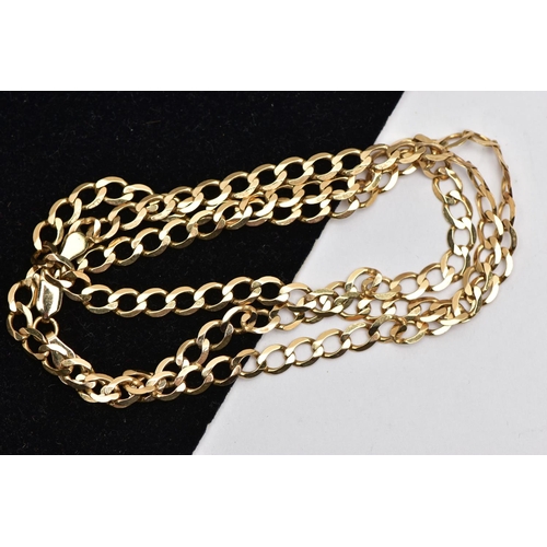 39 - A 9CT YELLOW GOLD CURB LINK CHAIN, designed as a flat curb link chain with lobster clasp, import mar... 