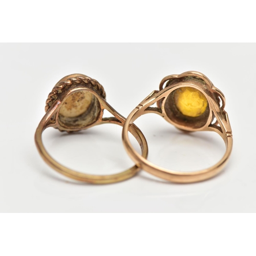 44 - TWO YELLOW METAL RINGS, to include a 9ct gold opal single stone ring set with an oval opal cabochon ... 